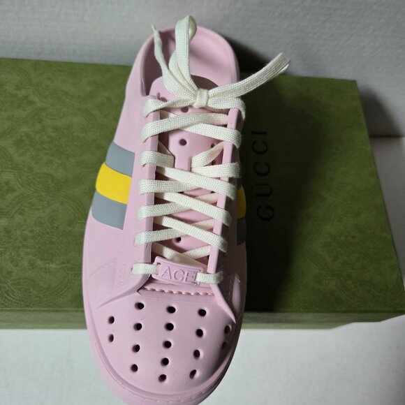 NIB Gucci Ace web pink rubber platform mule sneakers IT 38/ US 8 - Picture 7 of 9
